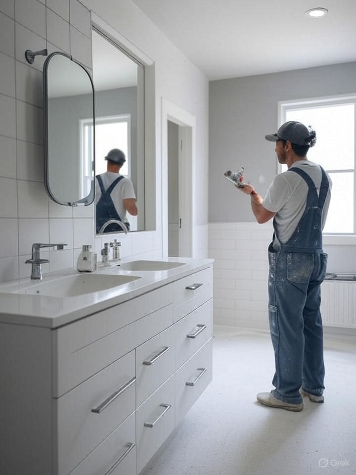 نقاش در حال استفاده از رنگ ضد کپک برای دیوار سرویس بهداشتی